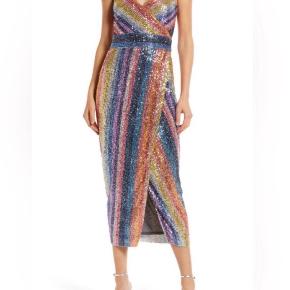 SAYLOR Meghann Dress - Circus Rainbow Sequin Striped Midi Dress